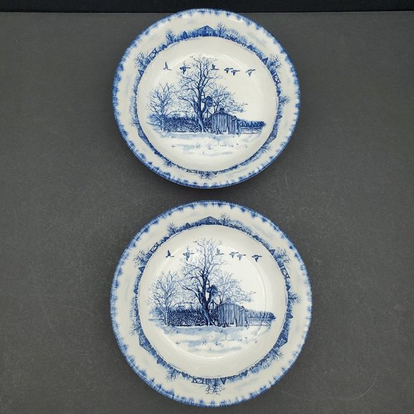 International Tableworks Riverwood Coupe Soup Cereal Bowls Blue Farm Scene - Picture 2 of 8
